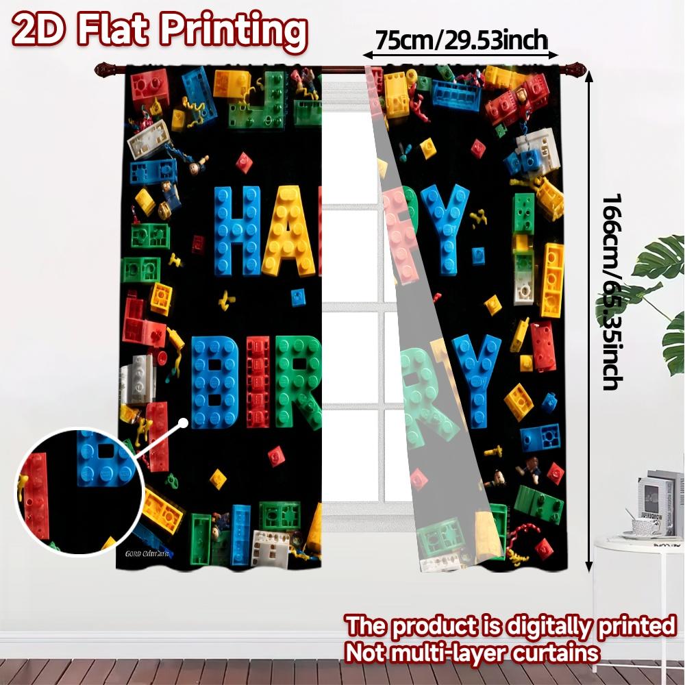 2pcs   2D FLAT PRINTING Curtains (Without Rod) Birthday Blocks(1) Chic Curtains&Window Treatment Machine Washable Fabric Curtains
