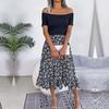 Summer Women Off Shoulder Floral Ruffled Medium Long Dress Spring