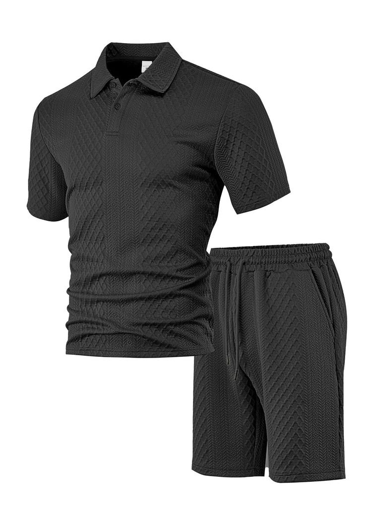 TK Hot Sale Men's Casual Suit Lapel Jacquard Textured Short Sleeve POLO Shirt Drawstring Pants Suit
