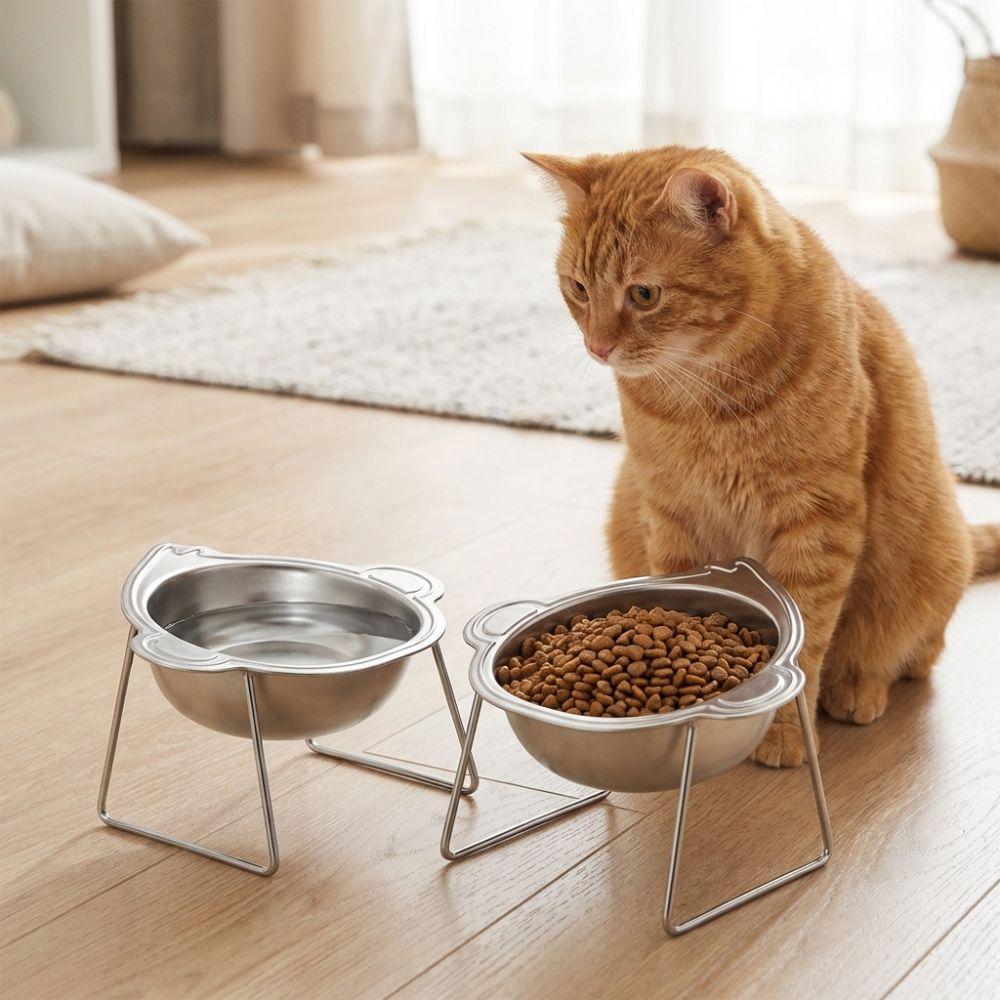 Monkey-shaped Raised Cat Bowls Stainless Steel Pet Feeder Container Wet Dry Food