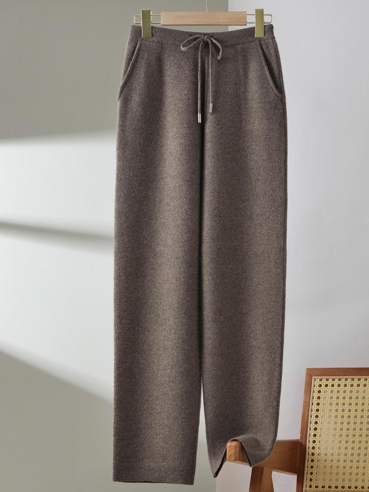 Pantaloni dritti in maglia di lana spessa da donna con tasche