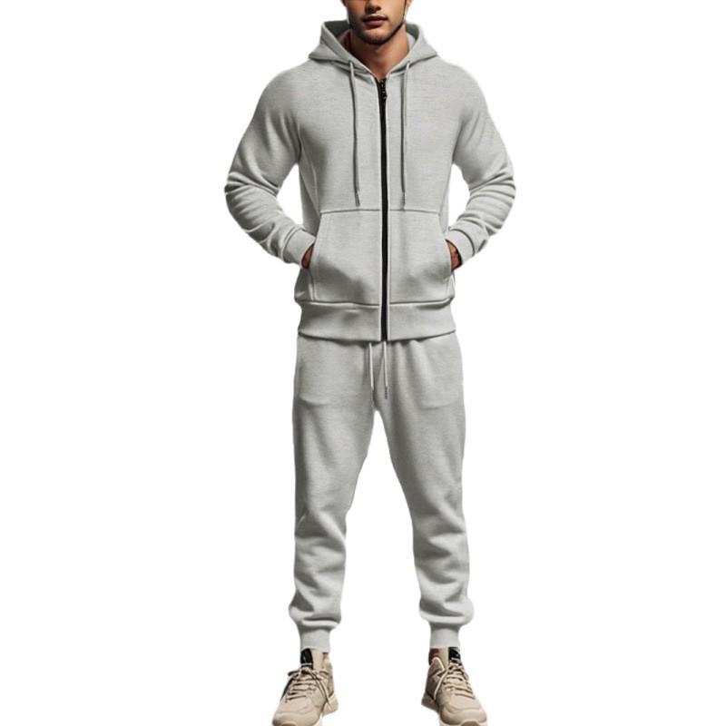 Men's Solid Color Plus Velvet Hooded Sports Set - Zipper Long Sleeve, Warm for Autumn/Winter