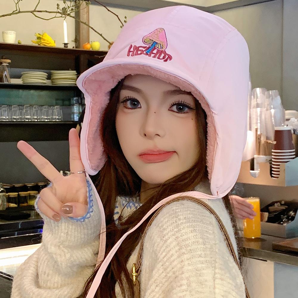 New Pilot Style Hat Fashioh Winter Cap Mushroom Embroidery Warm Bomber Hat Caps For Women Solid Color Girl Hats