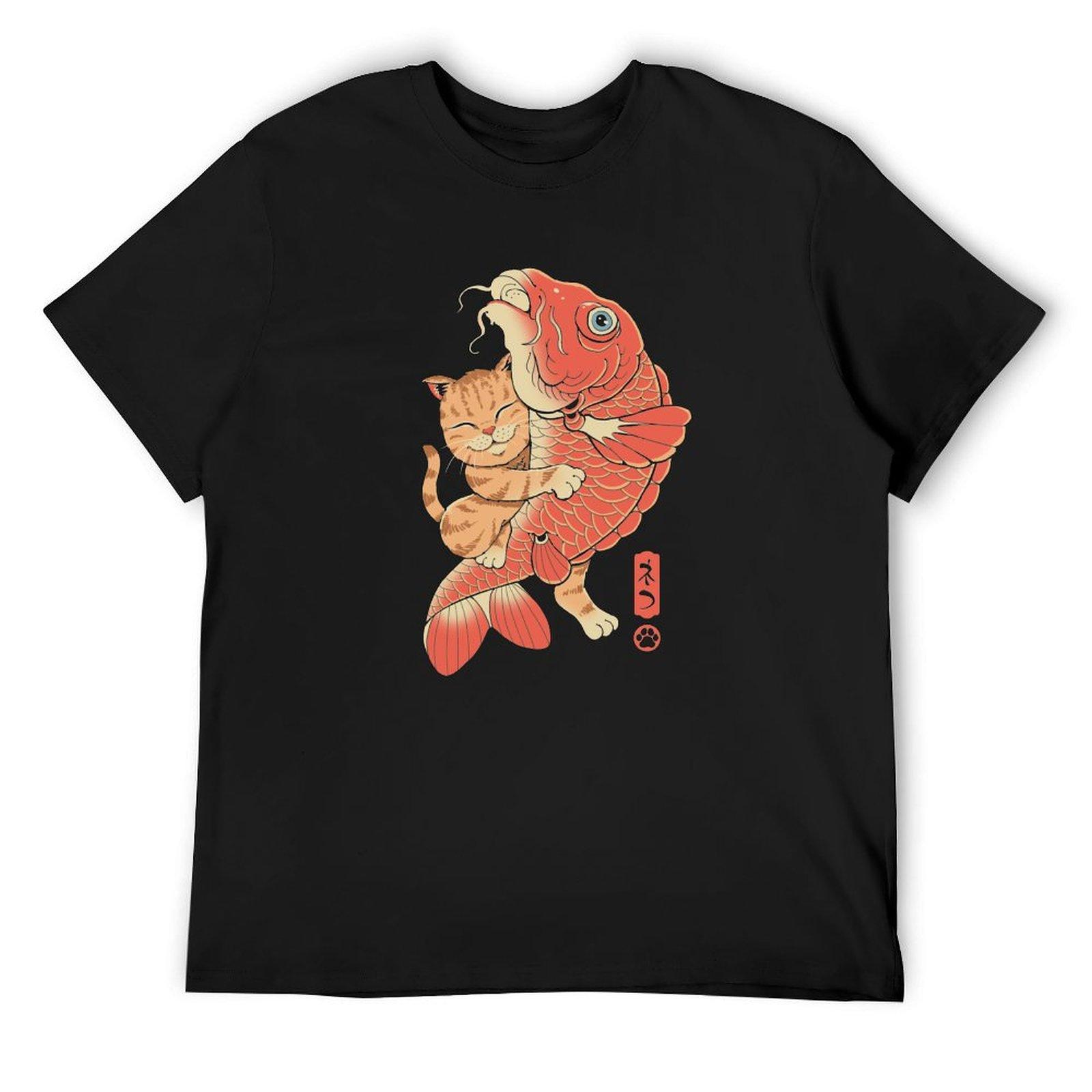 

Cat Catching Carp T-Shirt summer clothes Aesthetic clothing anime t shirts for men graphic 4XL