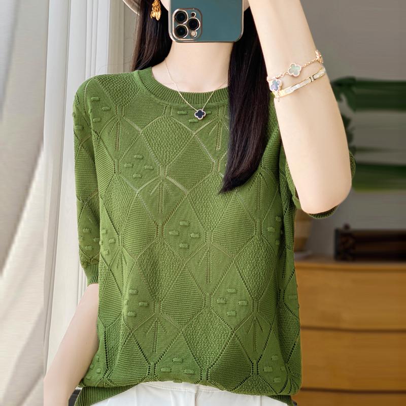 Women Knit T-shirt Summer Knitted Shirt Short Sleeve Tees O-neck Pullover Knit Tops Female