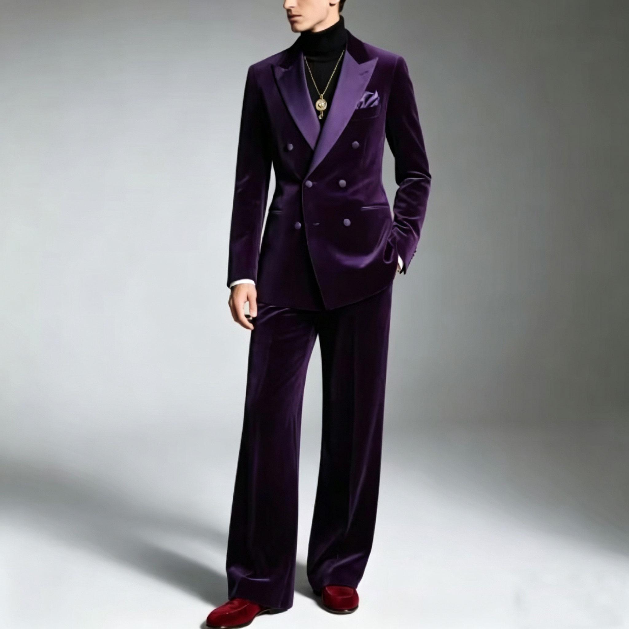 

Navy Blue Velvet Double Breasted Suit For Men Evening Dinner Tailor-made Fashion Blazer Pants 2 Pieces Elegant Male Slim Fit Set 5XL темно-фіолетовий колір