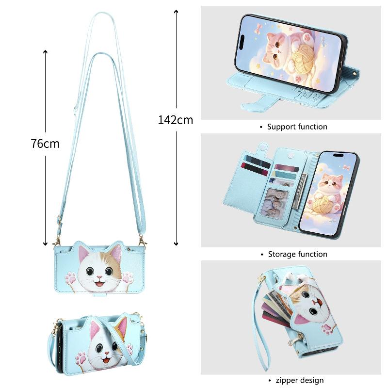 Cute Cat Leather Zipper Crossbody Flip Wallet Card Slots Phone Case For iPhone 17 16 15 14 13 12 11 Pro Max Plus 17E 16E 17Air