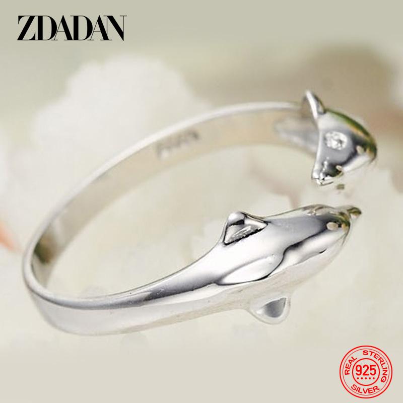ZDADAN 925 Sterling Silver Double Dolphin Open Ring for Women Fashion Wedding Jewelry Party Gift Resizable