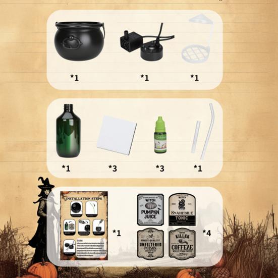 Skeleton Potion Witch Cauldron DIY Magic Floating Potion Bottle with LED Mist Maker And Diffuser Spooky Black Bowl Halloween Decoration for