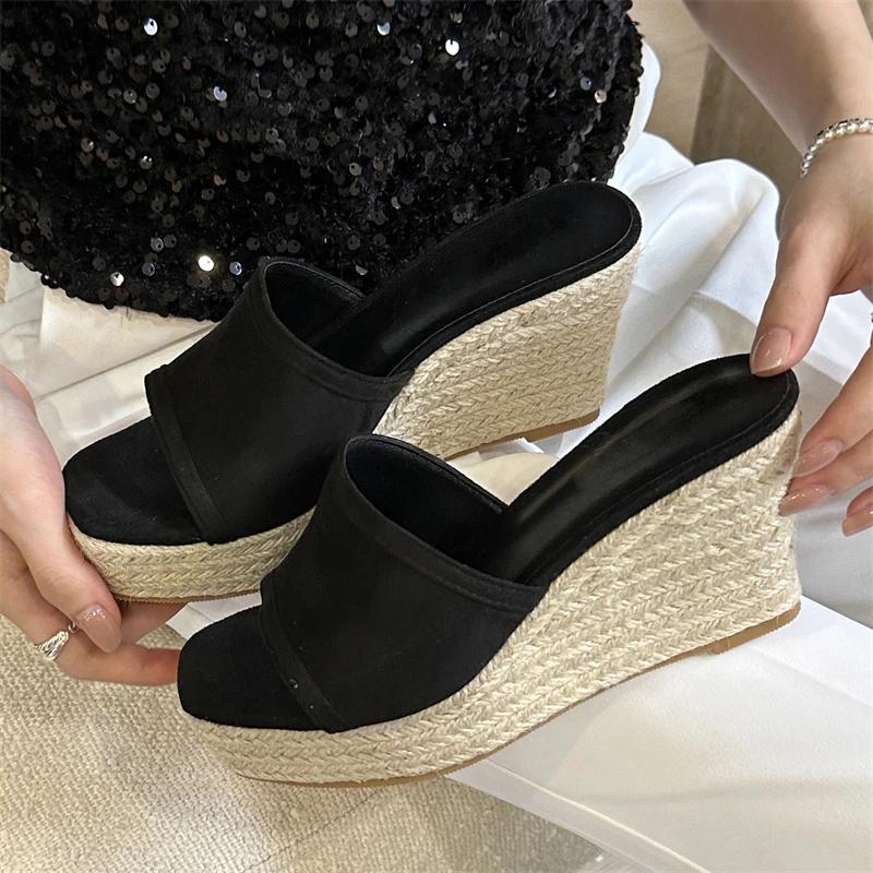 Fashion Summer Women Open Toe Slippers Hot Selling Women's Shoes  Fashion Solid Platform Wedges Rattan Weave High Heels Concise Shoes