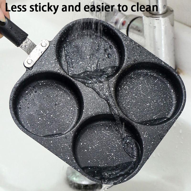 Non Stick 3 4 Hole Egg Frying Pan Wooden Handle Multi Section Skillet for Home Breakfast or Burger Making