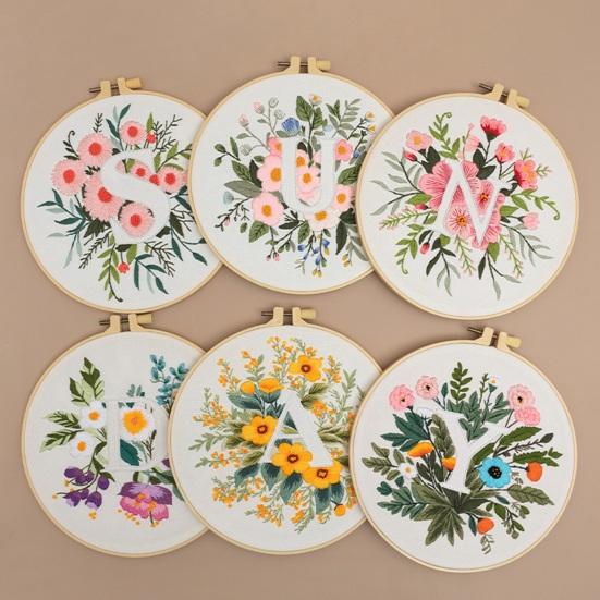 Floral Letter Embroidery Kit A To Z Embroidery Starter Kit with Hoop Fabric