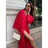 Sommer Neues Damen Stilvolles Rotes Leinen Wickel Maxi Kleid Revers Kimono Ärmel Gürtel Lange Robe Elegantes Schickes Kleid