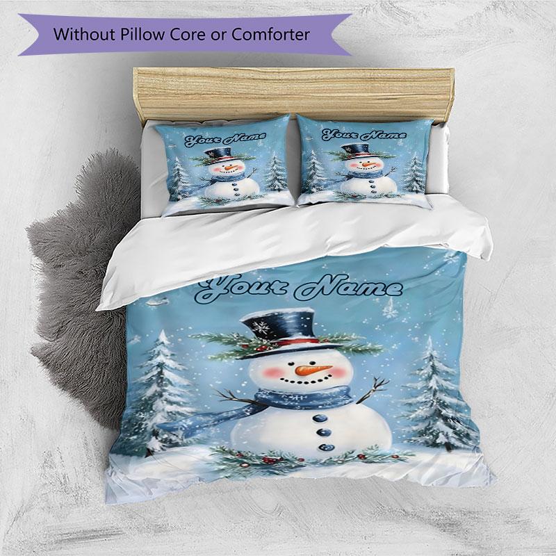 3PC Custom Name Winter Snowman Scene Bedding Set Duvet Cover Closure Includes 1 Duvet Cover & 2 Pillowcases for Bedroom
