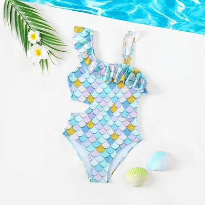 Girls Falbala Swimsuits Summer Children Fish Scale Printed Swimwear One Piece Swimming Suit for Kids Bathing Suits Beachwear
