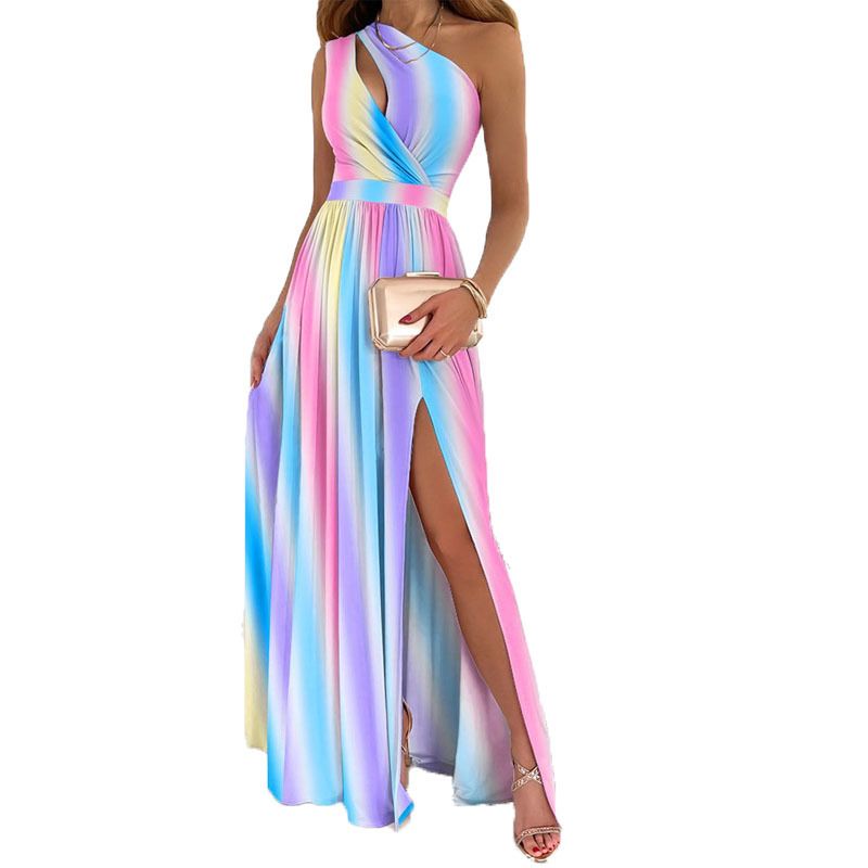 Printed Slant Neck Sleeveless Dress Print Diagonal Collar Sleeveless Split Dress Female
