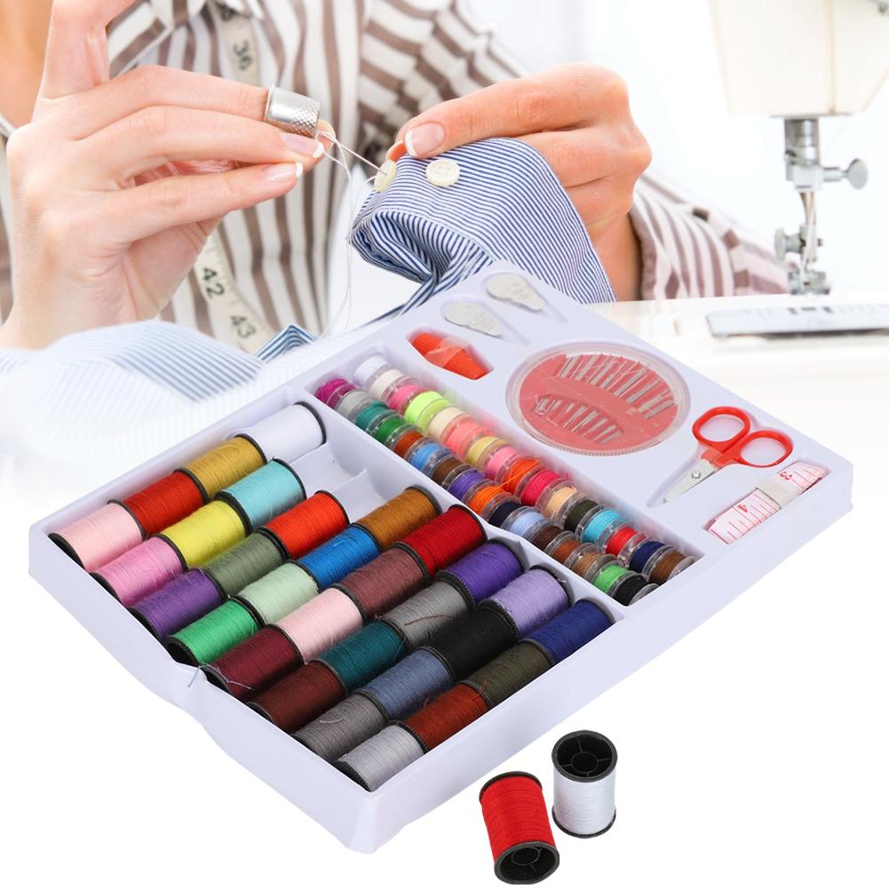 64 Rolls Portable Sewing Box Thread Spools Scissor Needles Accessories Set for Hand Stitching