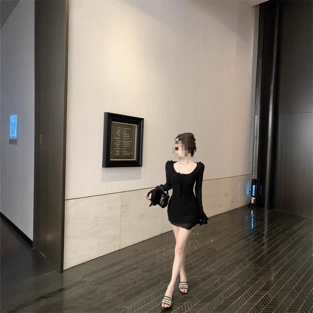Petite Black Ruffle Round Neck Dress - Autumn Slimming Mesh Style
