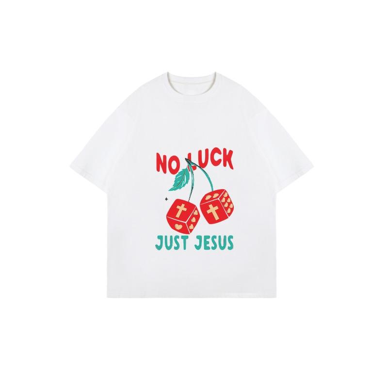 Übergroßes T-Shirt Schwarz Kein Glück Nur Jesus Kirschwürfel Kreuzdruck Grafik-T-Shirt Lässige Streetwear-Mode Damenoberteil Sommer-Outfit
