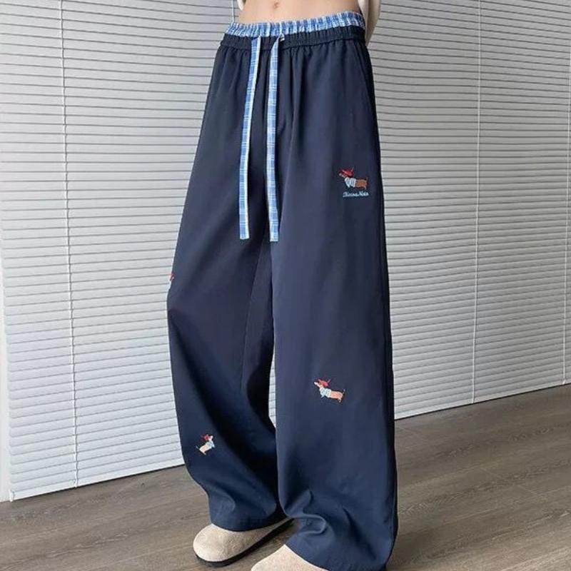 Spring-Summer Men's Color-Blocked Straight-Leg Pants with Dachshund Embroidery - Hong Kong-Style Athletic Loose Versatile Casual Trousers