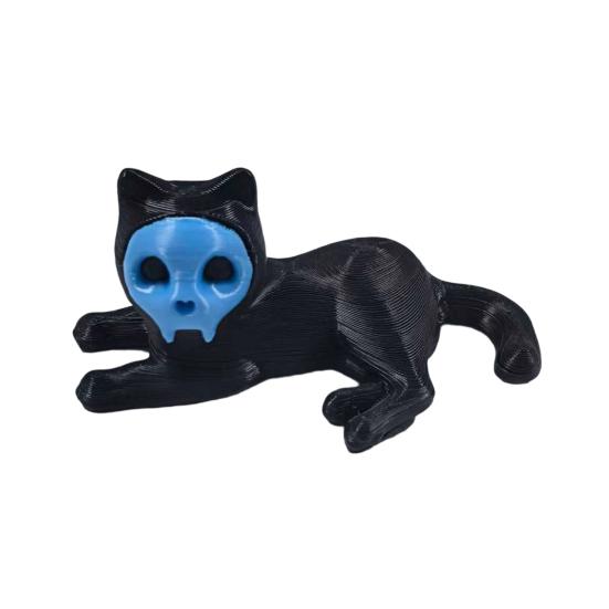 Cat Pen Holder 3D Printed Black Cat Ornament Cat Figurine with Detachable Skull Mask for Home Office Desk Halloween Decoration
