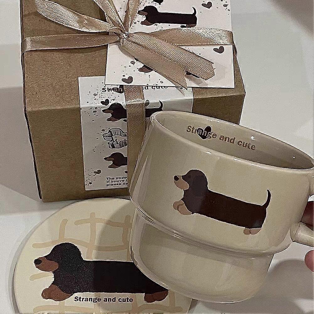 Cute Dachshund Puppy Stacking Mug - Hand-painted Ceramic Sausage Dog Coffee Cup