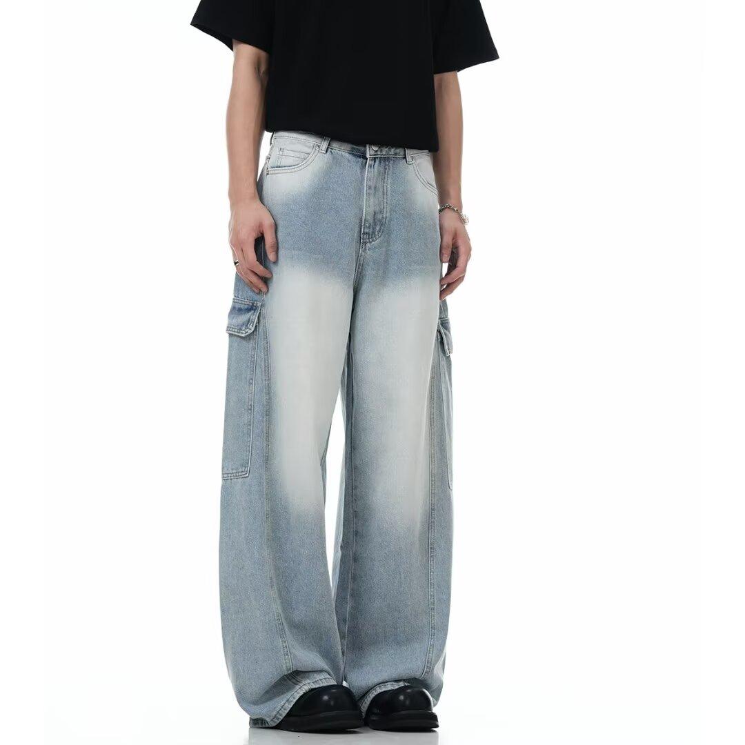 

Американские джинсы High Street мужские осенние трендовые брендовые свободные широкие прямые брюки с микроклешем 3XL светло-синий