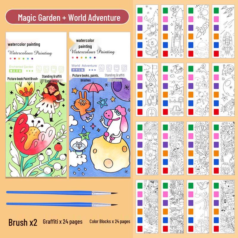 Portable Children's Watercolor Doodle and Coloring Book with Sticky Notes and Gouache
