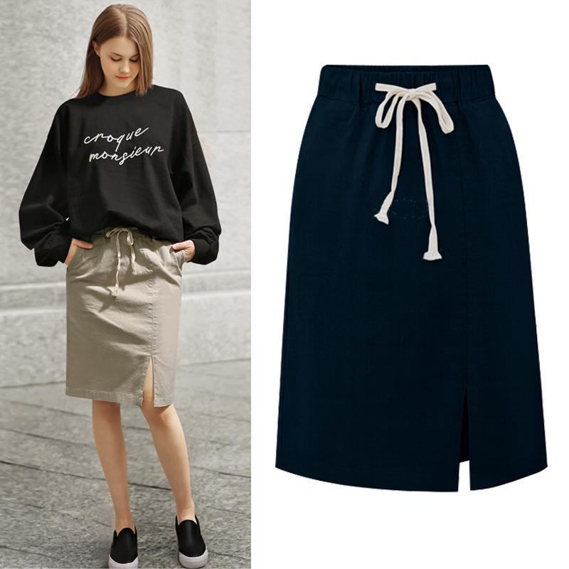 Cotton Casual Short Skirt for Women Drawstring Elastic High Waist Hem Split Skirt Solid A-line Slim Short Skirt Breathable Lightweight Plus Skirt