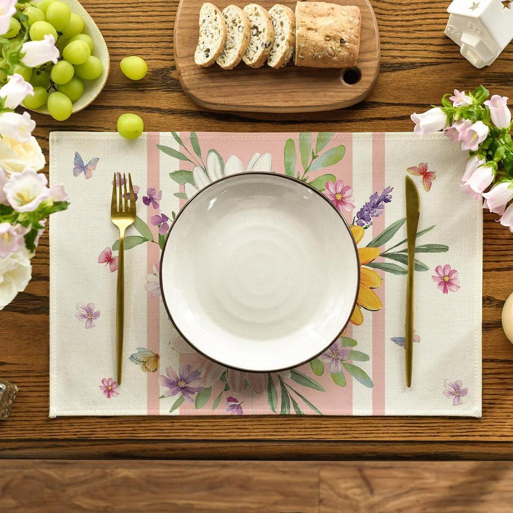 Pink Daisy Leaf Spring Placemats Set of 4, 12x18 Inch Seasonal Summer Holiday Pastoral Table Mats for Party Kitchen Dining Decoration
