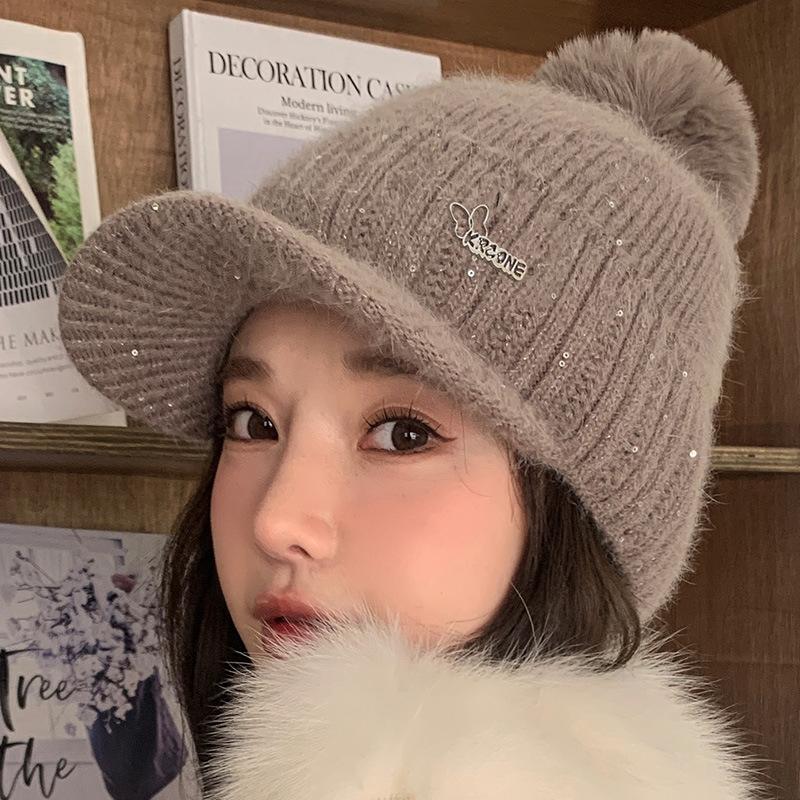Rabbit Fur Hat Women's Winter Warm Knitted Baseball Cap with Fleece Anti Cold Yarn Hat Versatile Showing Off Small Face