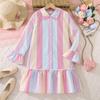 Girls' Dress Children's Clothing Autumn New Style Elegant Color Block Striped Long Sleeve Single-Breasted Shirt Dress