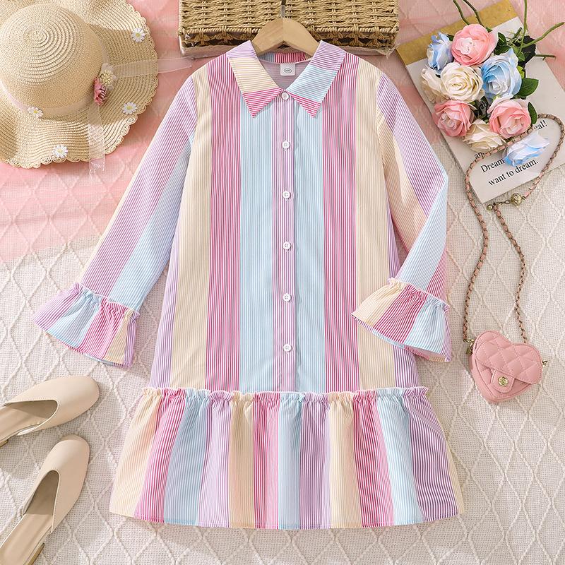 Girls' Dress Children's Clothing Autumn New Style Elegant Color Block Striped Long Sleeve Single-Breasted Shirt Dress