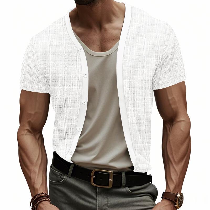 Imitation Mazhujun Summer Men's Casual Breathable Button V-neck Cardigan Short Sleeve Comfort T-shirt