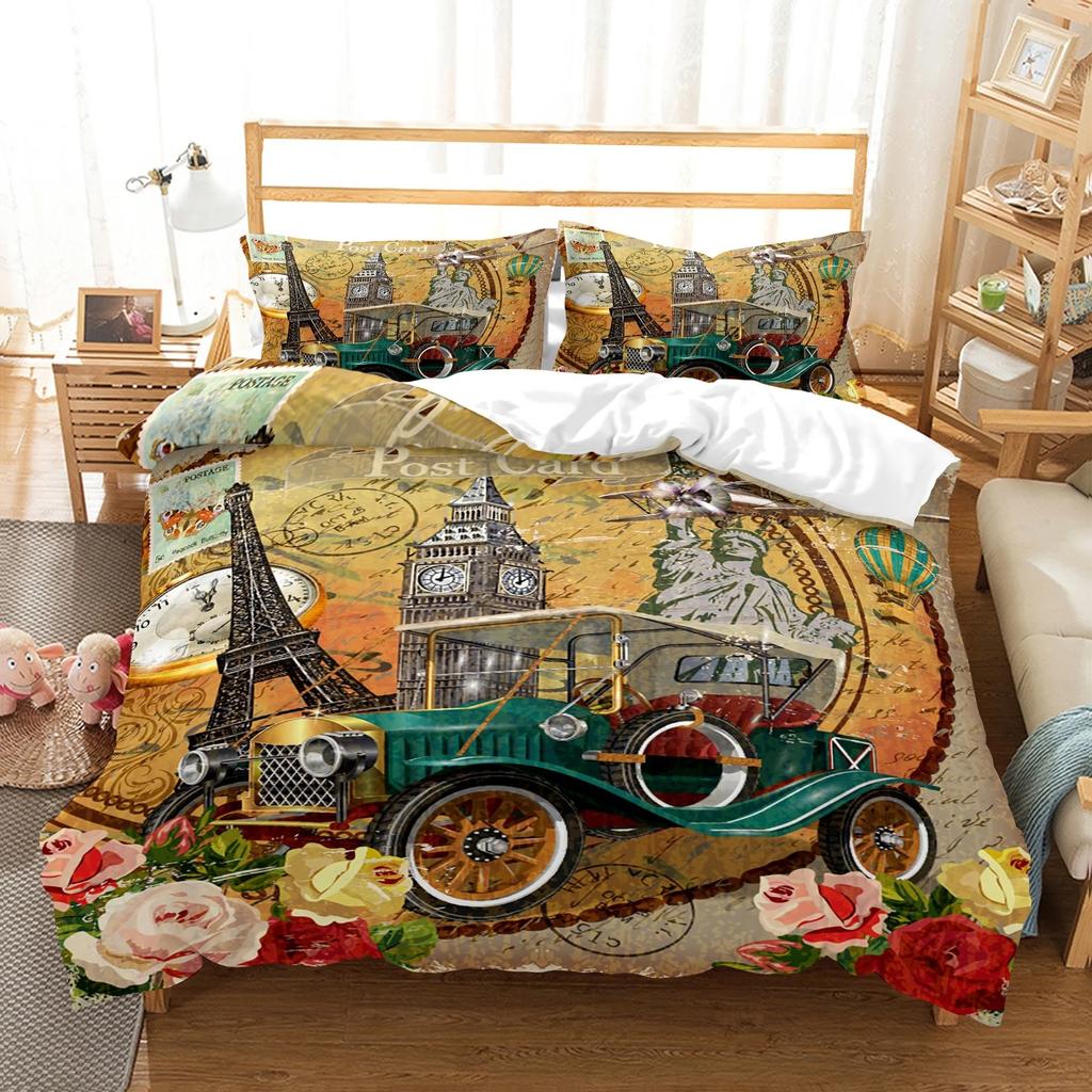 New York Statue Of Liberty Duvet Cover Kingqueen Size Retro Car Nostalgic 50S BeddingVintage Car Polyester Quilt Cover For Men