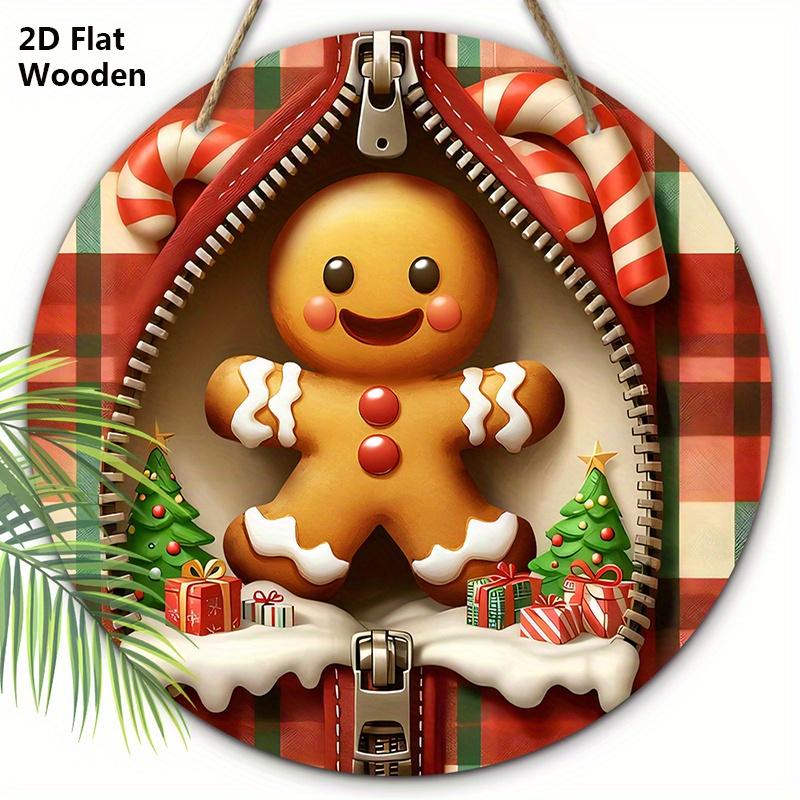 Christmas Wooden Sign with Adorable Gingerbread Man Pattern - Navidad Round Sign for Front Door, Wall Hanging Decor - Ideal Christmas Decoration