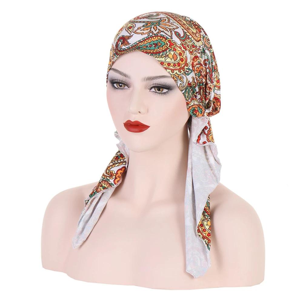 New Muslim Inner Hijab Turban Women Pre-Tied Cap Long Tail Headscarf Wrap Beanies Bonnet Head Scarf Stretch Headwear Ninja Hat
