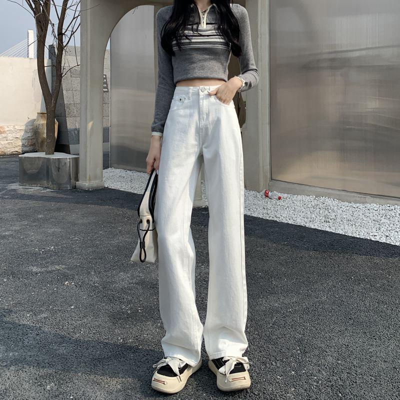 

Women s White Loose Wide-Leg Denim Pants - Pear Shape, High Waist, Floor-Length, Versatile for Spring to Autumn. Large