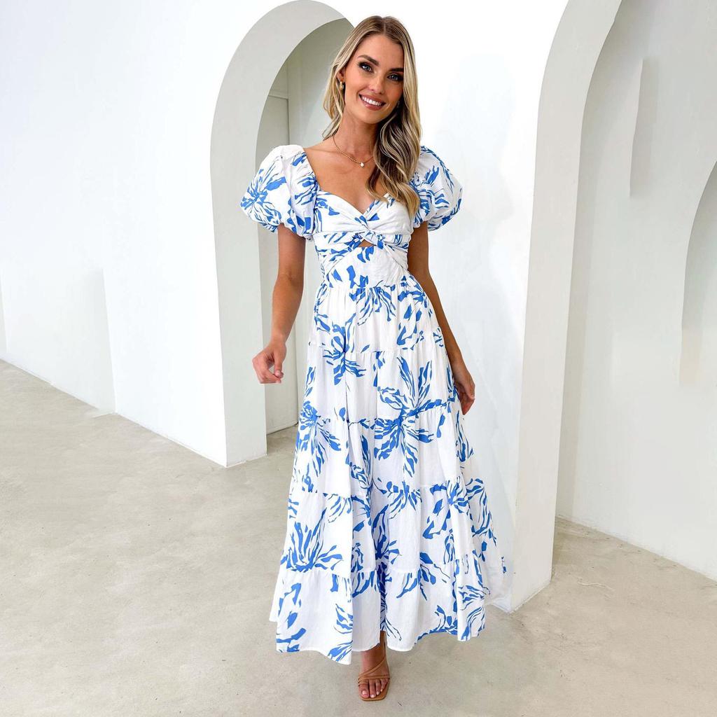 Summer Women's Fashion Print Pleated with Belt Ankel-Length V-Neck Dress
