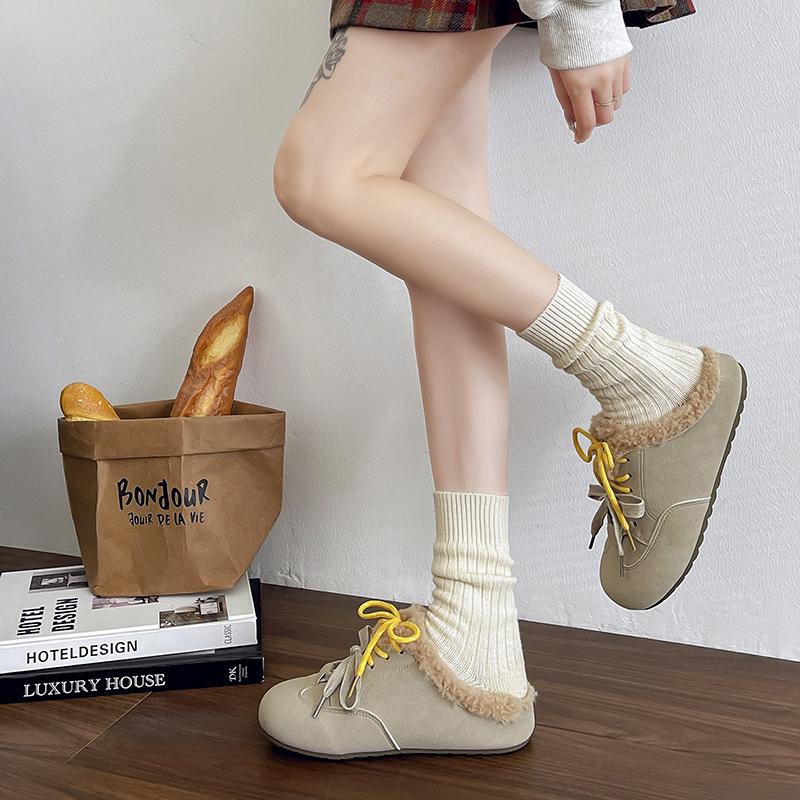 Fashion Aphixta Cow Suede Brown Slipper Furry Warm Women Mule Outside Plush Shoes Colorful Lace Up Slides Chaussures Femme Zapatos Mujer
