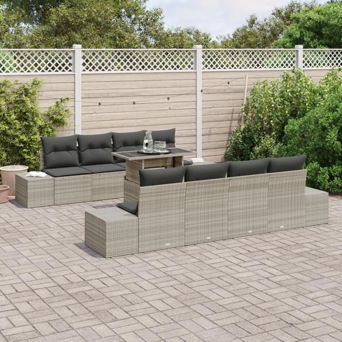 VidaXL Ensemble Canapé de Jardin 9 Pièces avec Coussins Gris Clair Poly Rotin 3349148