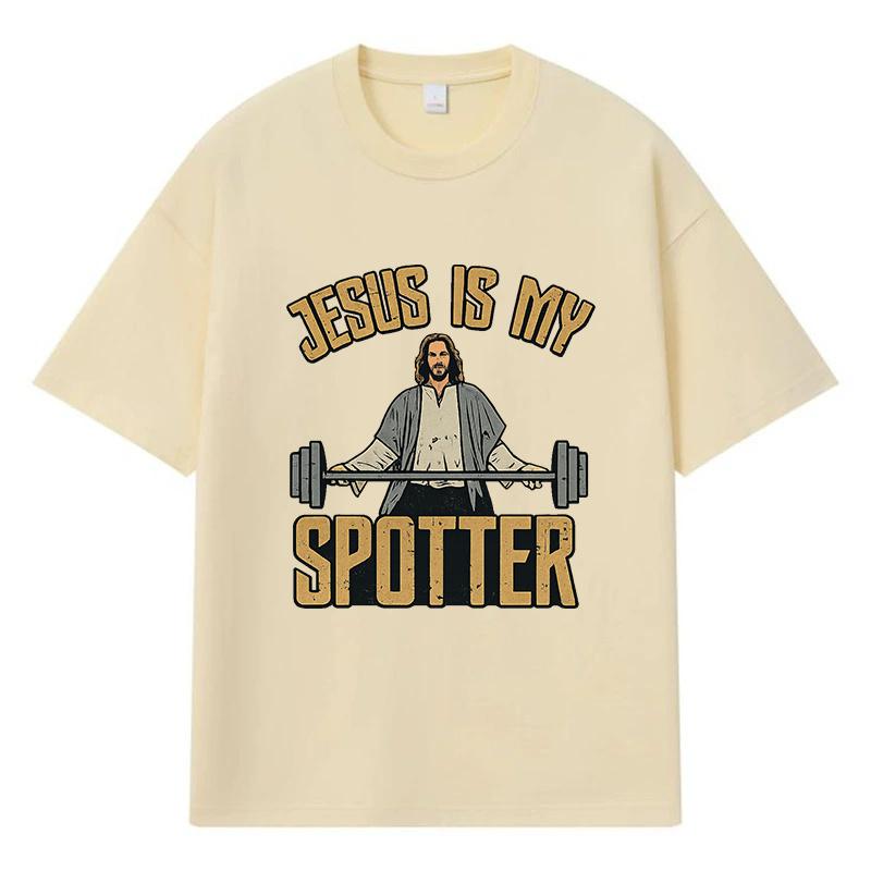 2026 Jesus Is My Spotter Printed Graphic Y2k Harajuku Streetwear 100% Cotton T Shirt Casual Oversized Summer Men T-shirt