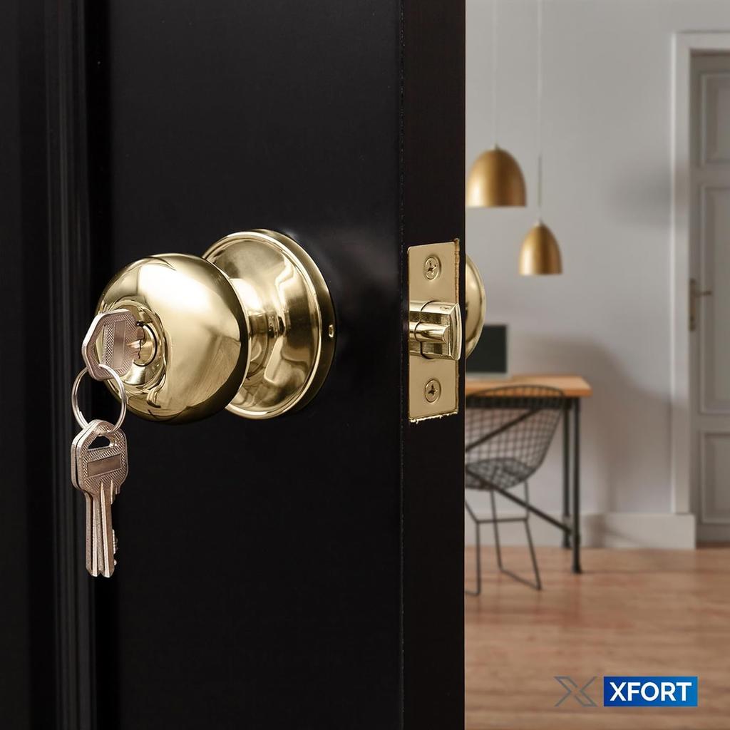 Entrance Knob Set Polished Brass, Door Knob with Lock for Internal Wooden Doors, Complete Set with Tubular Latch and 3 Keys