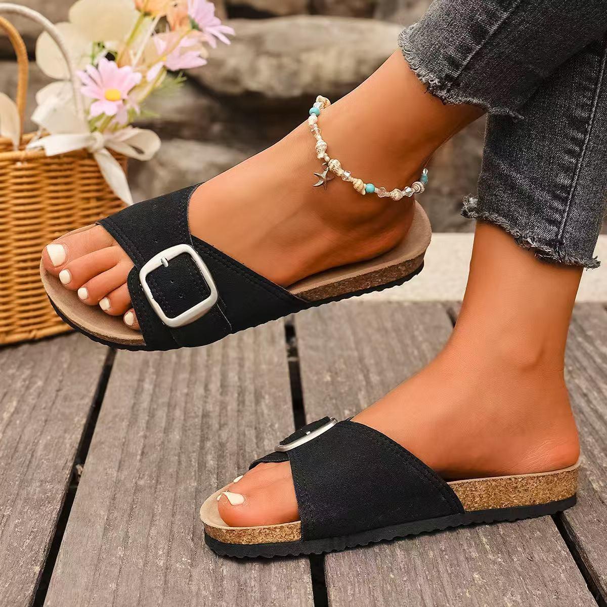 

European and American fashion belt buckle open-toed cool slippers women s foreign trade thick-soled muffin slippers women s shoes large size Xia Xin 36
