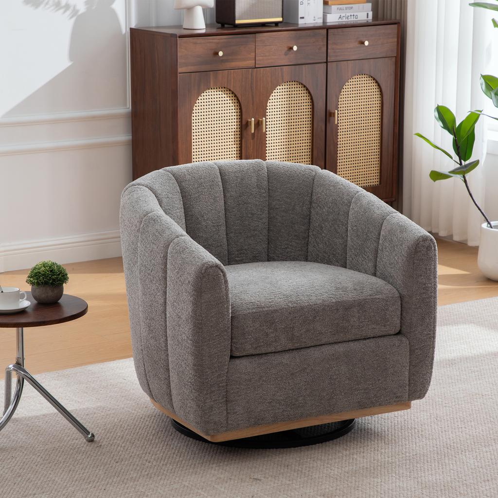 Chenille Upholstered Stool with Metal Base, 360 Degrees Swivel Function, Tassel Trim, Pumpkin-Shaped Club Chair for Living Room, Bedroom, Lounge, Gray