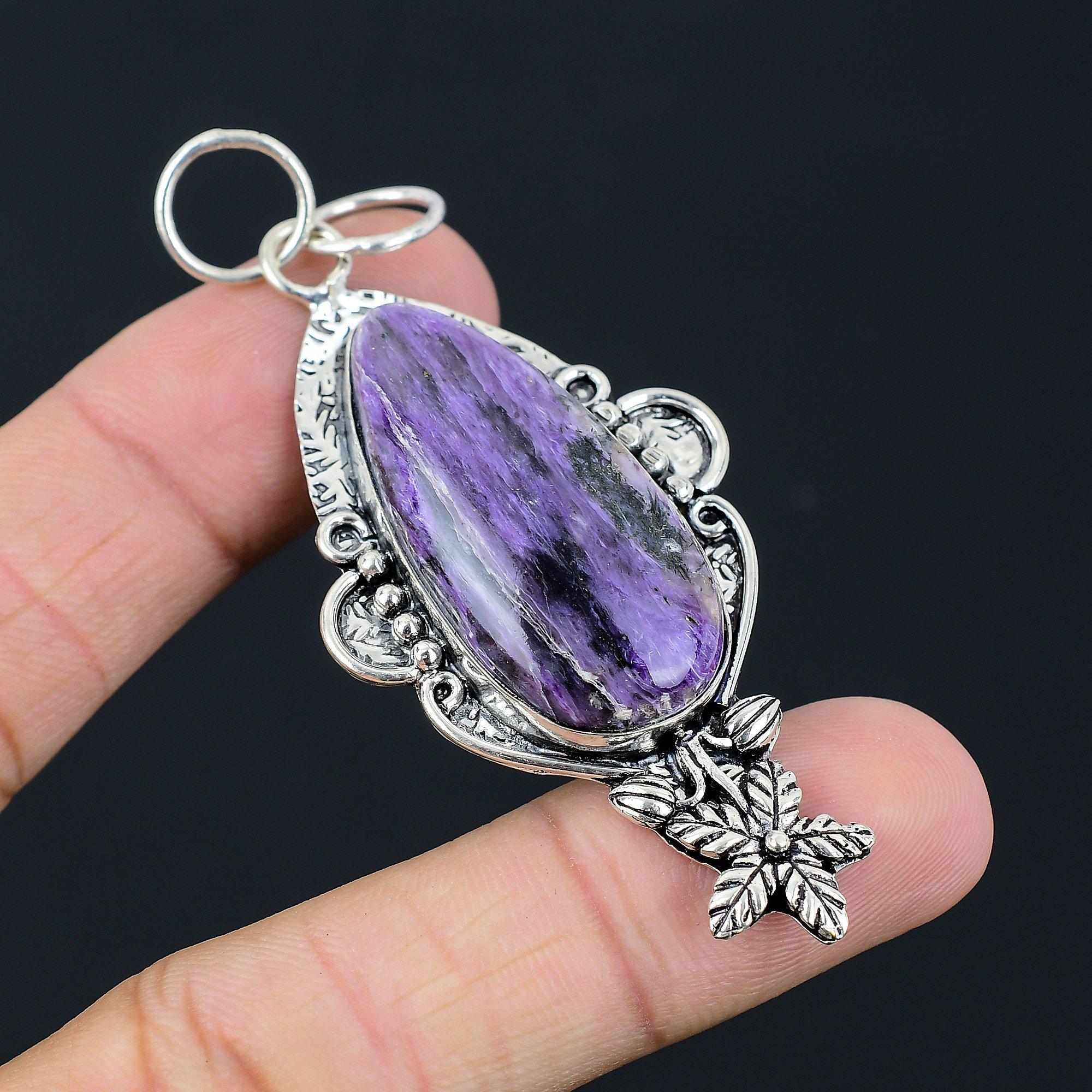 Sisters Day Deal 925 Sterling Silver Charoite Gemstone Flower Pendant Jewelry