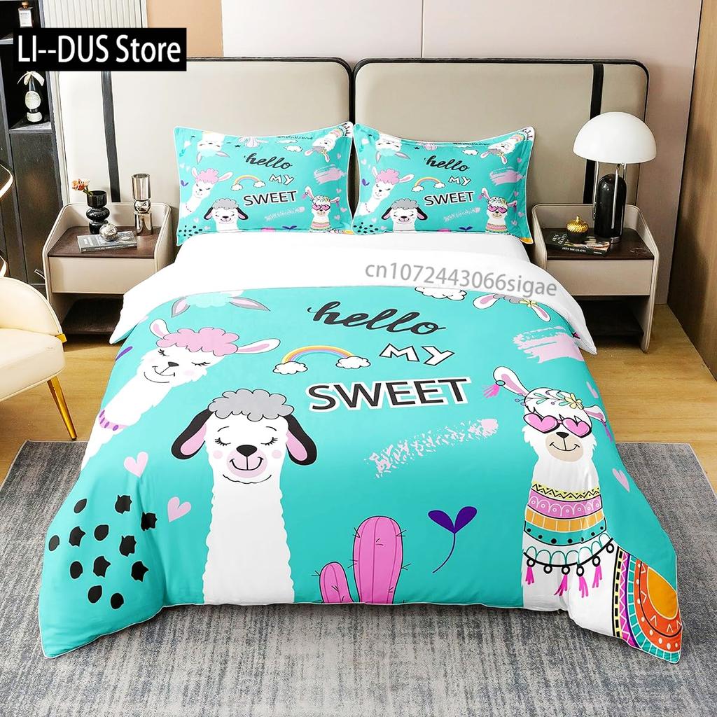 Lovely Cartoon Alpaca Llama Cactus Print Boys Girls Duvet Cover Set Full Size For Kids Teen Bedding Set Comforter Cover Decor