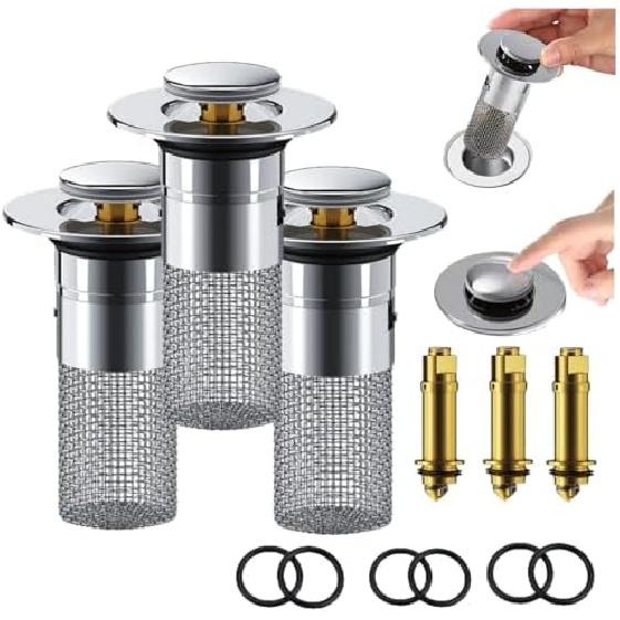 Oxinome Popup Drain for Bathroom Sink,Kouglh Drains Plug Filter,Timnamy Universal Stainless Steel Strainer for Bathroom Sink Kitchen Shower (2pcs)