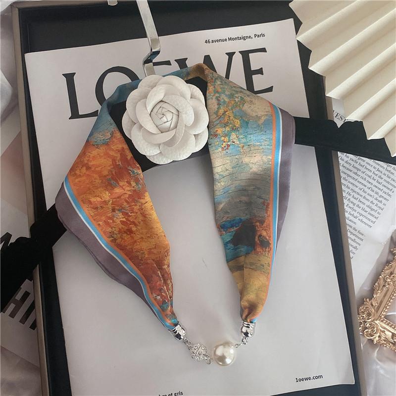 Luxury Design Magnetic Button Summer Silk Scarf Women Magnetic Pearl Necklace Scarves High End Matching Shirt Scarf Lady