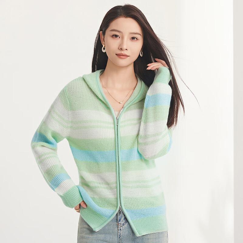 FAPAI Women's 100% Wool Striped Zip-Up Hoodie Cardigan